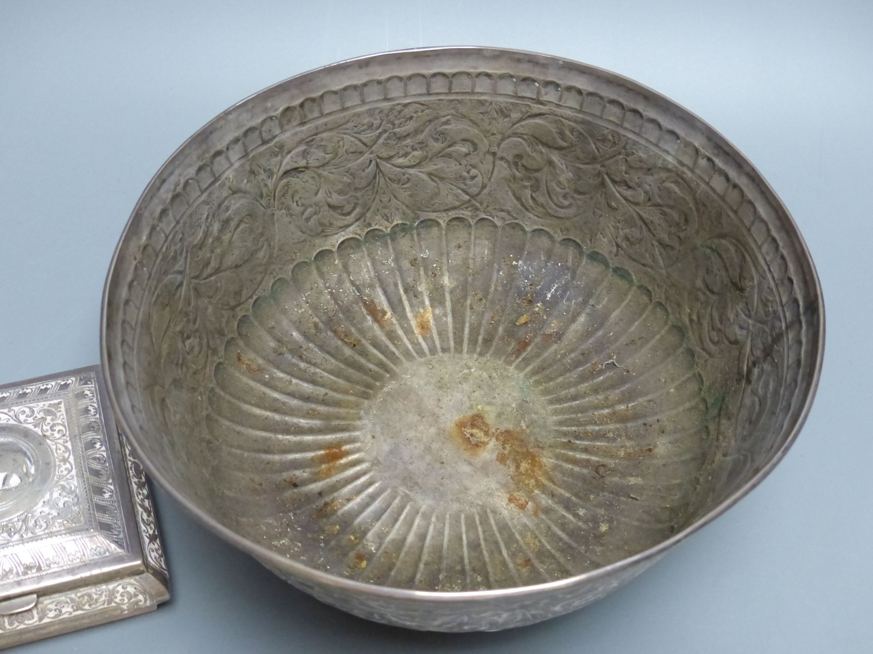 An Indian? white metal bowl, on pedestal foot, height 12.8cm, 23oz and a similar small white metal mounted cigarette box.